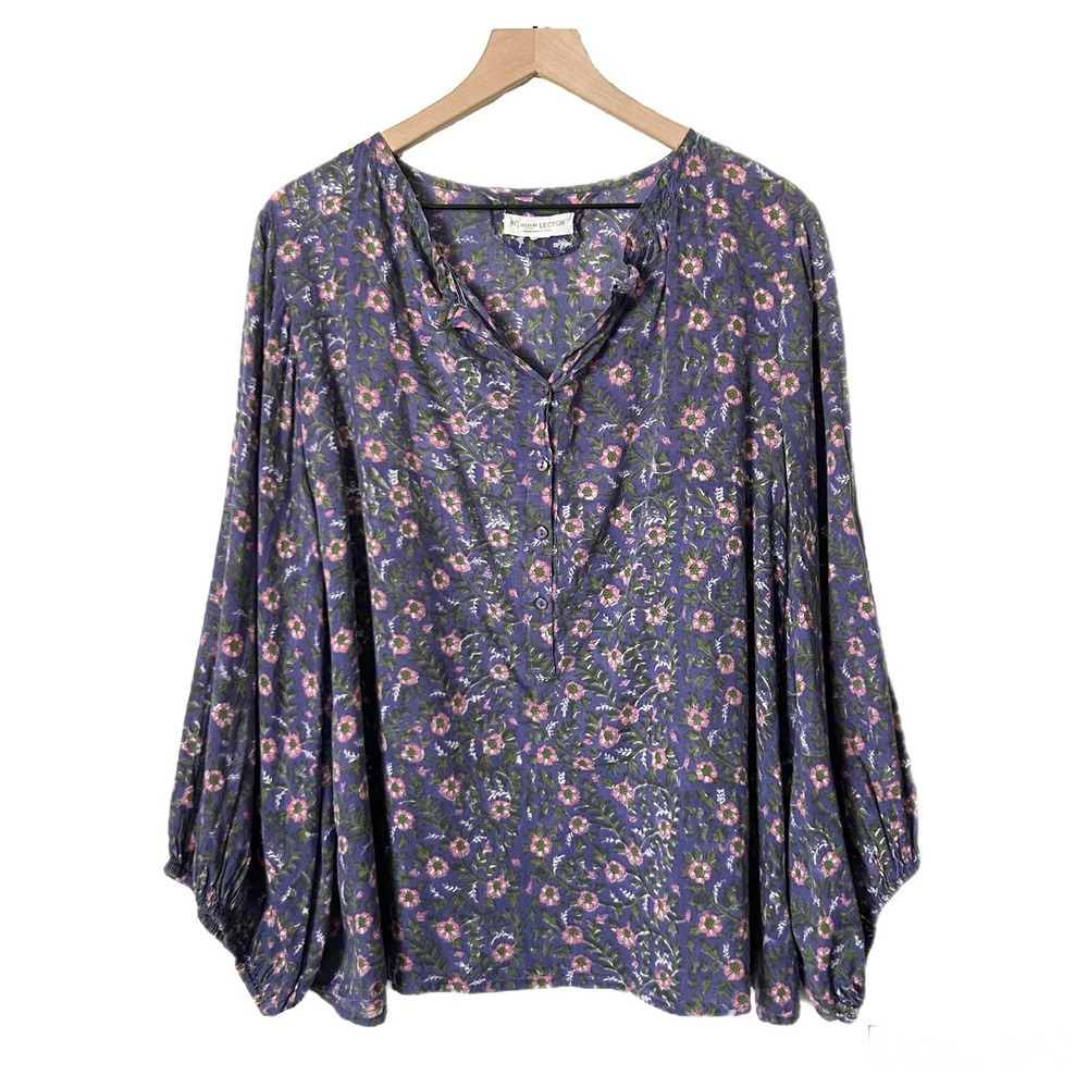 Emerson Fry India Collection Purple Floral Hand Block Print Balloon Sleeve Top M